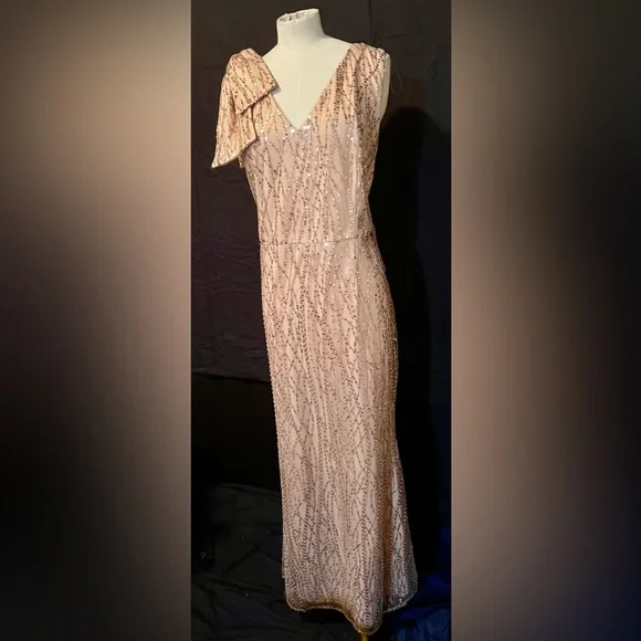 Dress Formal JS Collections Blush Gold 16 Sequined Sleeveless Bow V-Neck… - Picture 2 of 13